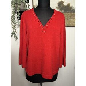 St John Collection Red Santana Knit Embellished Long Sleeve Sweater Top Medium